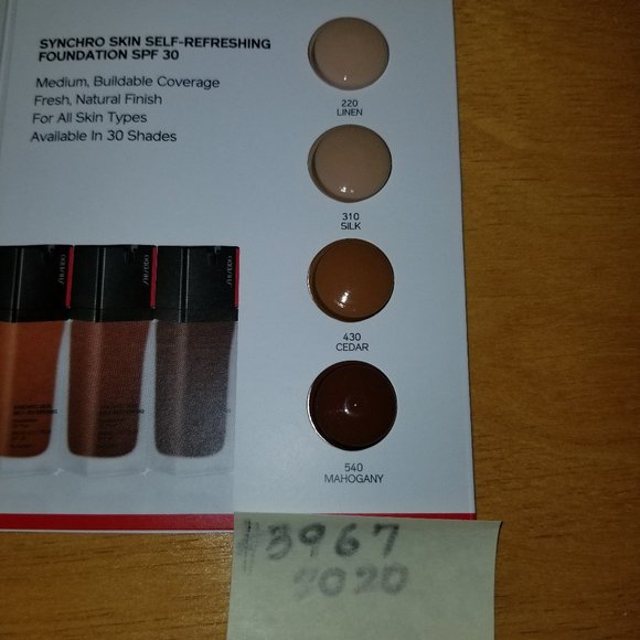 ✅3967 NEW Siseido Sample Card 4 Synchro Skin Self Refreshing Foundation SPF 20 - Picture 7 of 7